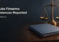 Conceptual editorial illustration of balance scales and a closed legal folder, not a real courtroom or case evidence, with an Aruba firearms sentences headline and ArubaNews.ca branding.