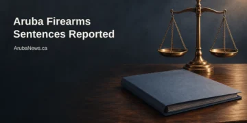 Conceptual editorial illustration of balance scales and a closed legal folder, not a real courtroom or case evidence, with an Aruba firearms sentences headline and ArubaNews.ca branding.