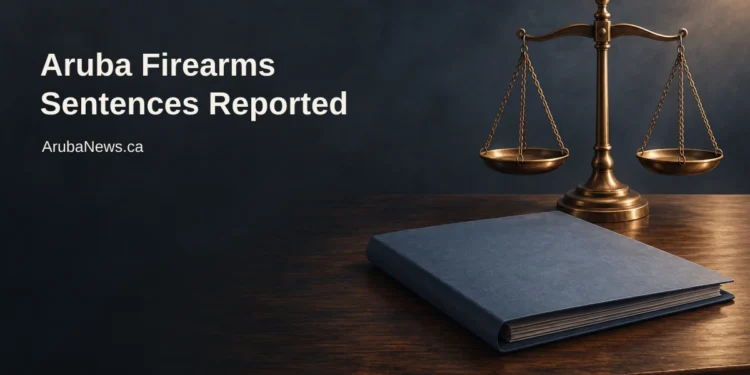 Aruba Firearms Sentences Reported in Fast-Track Cases Conceptual editorial illustration of balance scales and a closed legal folder, not a real courtroom or case evidence, with an Aruba firearms sentences headline and ArubaNews.ca branding.