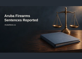 Conceptual editorial illustration of balance scales and a closed legal folder, not a real courtroom or case evidence, with an Aruba firearms sentences headline and ArubaNews.ca branding.