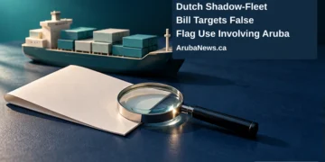 Dutch Shadow-Fleet Bill Targets False Flag Use Involving Aruba Conceptual editorial illustration of an unmarked model cargo ship, blank document and magnifying glass on a navy desk, with the article headline and ArubaNews.ca branding.
