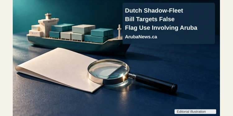 Dutch Shadow-Fleet Bill Targets False Flag Use Involving Aruba Conceptual editorial illustration of an unmarked model cargo ship, blank document and magnifying glass on a navy desk, with the article headline and ArubaNews.ca branding.