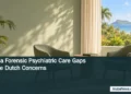 Editorial illustration of two empty consultation chairs in a calm, sunlit Caribbean room; no real clinic or patients are depicted.