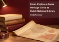 Editorial illustration of old books, an abstract parchment and a reading lamp; not a photograph of the Dutch national library or its Aruba collections.