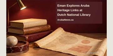 Editorial illustration of old books, an abstract parchment and a reading lamp; not a photograph of the Dutch national library or its Aruba collections.