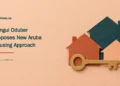 Conceptual cut-paper editorial illustration of abstract house shapes and a key, with a Dangui Oduber housing-proposal headline and ArubaNews.ca branding.