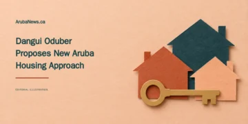 Dangui Oduber Proposes New Aruba Housing Approach Conceptual cut-paper editorial illustration of abstract house shapes and a key, with a Dangui Oduber housing-proposal headline and ArubaNews.ca branding.