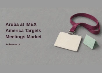 Conceptual editorial illustration of a blank conference badge on a burgundy lanyard beside a mint tent card, with the headline Aruba at IMEX America Targets Meetings Market and ArubaNews.ca branding.