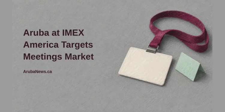 Conceptual editorial illustration of a blank conference badge on a burgundy lanyard beside a mint tent card, with the headline Aruba at IMEX America Targets Meetings Market and ArubaNews.ca branding.