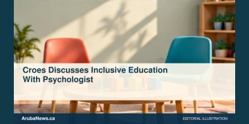 Croes Discusses Inclusive Education With Psychologist Conceptual editorial illustration: Two empty chairs in a calm learning space with tactile colorful learning blocks on a low table, gentle sunlight, peach and teal palette, broad negative space above. Not a photograph of the actual people, event or location.