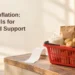 Conceptual editorial illustration, not actual shop prices or inventory: a basket of unbranded staple groceries and a blank receipt on a wooden counter, with the CUA inflation headline and ArubaNews.ca branding.