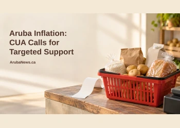 Conceptual editorial illustration, not actual shop prices or inventory: a basket of unbranded staple groceries and a blank receipt on a wooden counter, with the CUA inflation headline and ArubaNews.ca branding.