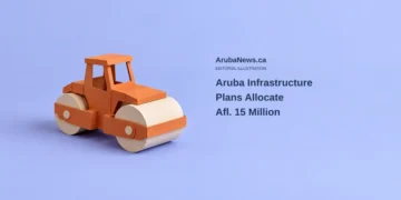Conceptual editorial illustration of an orange and cream cardstock road-roller model on a lavender-blue surface, with the headline Aruba Infrastructure Plans Allocate Afl. 15 Million and ArubaNews.ca branding.