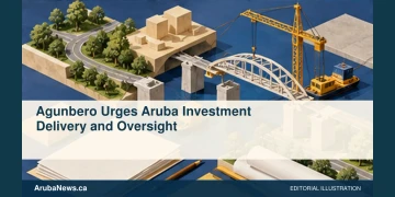 Conceptual editorial illustration: Isometric editorial illustration of infrastructure planning blocks and an abstract bridge under assembly beside neatly arranged plain documents, indigo and ochre