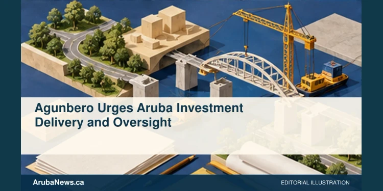 Agunbero Urges Aruba Investment Delivery and Oversight Conceptual editorial illustration: Isometric editorial illustration of infrastructure planning blocks and an abstract bridge under assembly beside neatly arranged plain documents, indigo and ochre