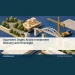 Conceptual editorial illustration: Isometric editorial illustration of infrastructure planning blocks and an abstract bridge under assembly beside neatly arranged plain documents, indigo and ochre