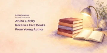 Conceptual editorial illustration of unmarked books and a reading lamp; not the cover of Maikel na Regatta 2026, the actual donated copies, or a photograph of the young author.