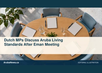 Conceptual editorial illustration of blank meeting notebooks around a small oval conference table, soft daylight and pale blue and tan palette, overhead perspective; no flags, official emblems, people or lettering. Not a photograph of the actual people, documents or location.