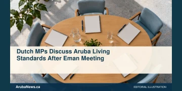 Conceptual editorial illustration of blank meeting notebooks around a small oval conference table, soft daylight and pale blue and tan palette, overhead perspective; no flags, official emblems, people or lettering. Not a photograph of the actual people, documents or location.