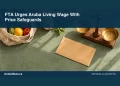 Conceptual editorial illustration: Top-down editorial still life of groceries beside a plain unmarked pay envelope and balanced wooden scale, bright natural light and sage tones
