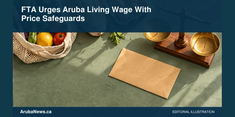 FTA Urges Aruba Living Wage With Price Safeguards Conceptual editorial illustration: Top-down editorial still life of groceries beside a plain unmarked pay envelope and balanced wooden scale, bright natural light and sage tones