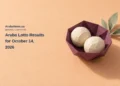 Aruba Lotto Results for October 14, 2026 Conceptual folded-paper illustration of a plum bowl with two unmarked ivory paper spheres and sage paper leaves on apricot; not official lottery equipment or draw evidence.