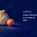 Conceptual oil-pastel illustration of a closed cream drawstring pouch and an unmarked coral wooden sphere on cobalt blue; not official lottery equipment or draw evidence.