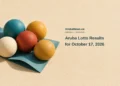 Conceptual editorial illustration of five unnumbered coloured spheres on folded teal paper, with the headline Aruba Lotto Results for October 17, 2026 and ArubaNews.ca branding.