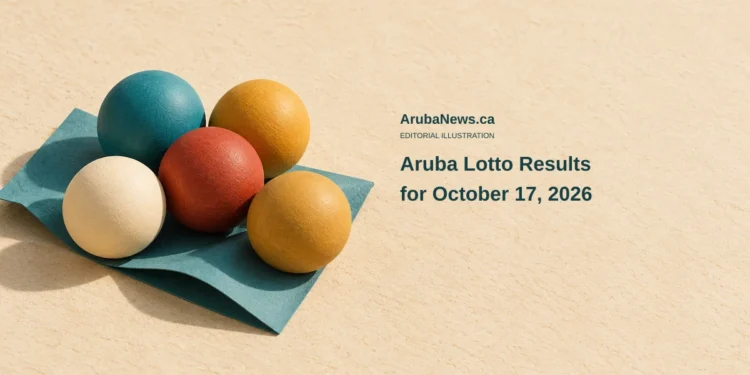 Conceptual editorial illustration of five unnumbered coloured spheres on folded teal paper, with the headline Aruba Lotto Results for October 17, 2026 and ArubaNews.ca branding.