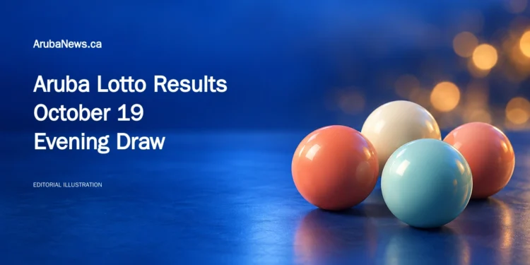 Editorial illustration of unnumbered lottery balls on a blue evening background, with the October 19 evening results headline and ArubaNews.ca branding.