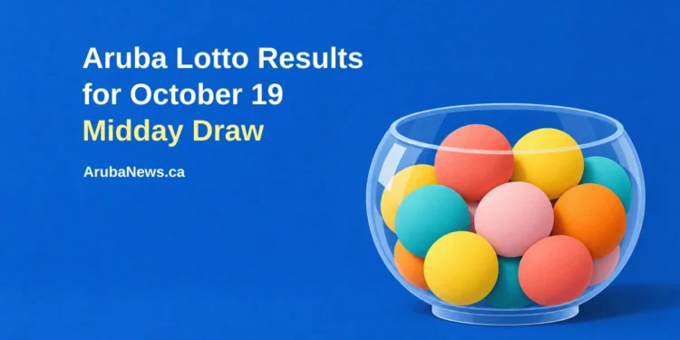 Conceptual editorial illustration of colourful blank lottery balls in a transparent bowl against a clean cobalt background, with the article headline and ArubaNews.ca branding.