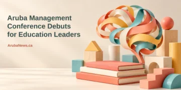 Aruba Management Conference Debuts for Education Leaders Conceptual editorial illustration of colorful wooden learning blocks, blank books and a ribbon brain sculpture, with the Aruba management conference headline and ArubaNews.ca branding.