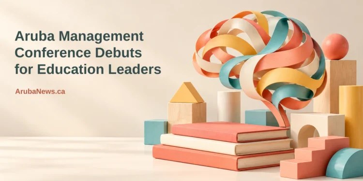 Aruba Management Conference Debuts for Education Leaders Conceptual editorial illustration of colorful wooden learning blocks, blank books and a ribbon brain sculpture, with the Aruba management conference headline and ArubaNews.ca branding.