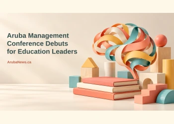 Conceptual editorial illustration of colorful wooden learning blocks, blank books and a ribbon brain sculpture, with the Aruba management conference headline and ArubaNews.ca branding.