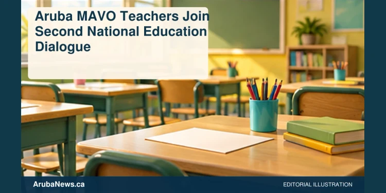 Aruba MAVO Teachers Join Second National Education Dialogue Conceptual editorial illustration of empty classroom desks with blank curriculum cards and coloured pencils, side perspective in sunlit sage and yellow, no pupils, screens, logos or writing. Not a photograph of the reported event.