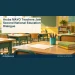Aruba MAVO Teachers Join Second National Education Dialogue Conceptual editorial illustration of empty classroom desks with blank curriculum cards and coloured pencils, side perspective in sunlit sage and yellow, no pupils, screens, logos or writing. Not a photograph of the reported event.