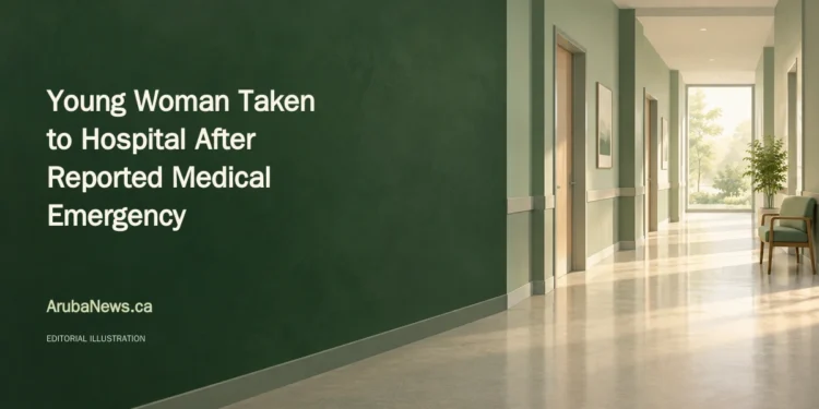 Young Woman Taken to Hospital After Reported Medical Emergency Conceptual editorial illustration of an empty healthcare corridor and chair; not a photograph of the patient or emergency response.
