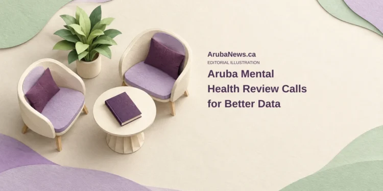 Aruba Mental Health Review Calls for Better Data Conceptual cut-paper editorial illustration of empty chairs, a notebook and a plant symbolizing care and information; not a photograph of an actual patient or facility.