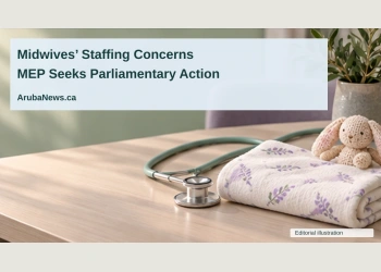 Conceptual editorial illustration of a prenatal-care desk with a stethoscope and folded baby blanket; not a photograph of Aruba’s midwives or a specific clinic.