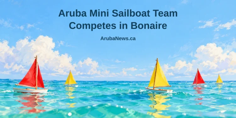 Conceptual editorial illustration of several tiny unbranded model sailboats with vivid red and yellow sails skimming calm turquoise water, with the article headline and ArubaNews.ca branding.