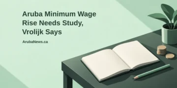 Conceptual editorial illustration of an open blank research notebook, a pencil and a small stack of unmarked coins on a modern meeting desk, with the article headline and ArubaNews.ca branding.