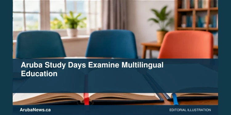 Conceptual editorial illustration: Open completely blank books with colorful bookmarks and three simple empty chairs in a bright academic study space, blue and coral palette, low angle, no letters or educational formulas. Not a photograph of the actual people, event or location.