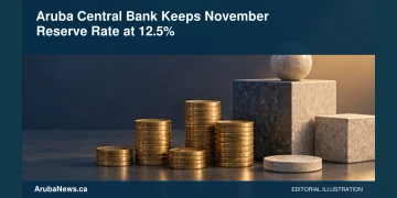Aruba Central Bank Keeps November Reserve Rate at 12.5% Conceptual editorial illustration of unmarked coins and balancing blocks; not actual bank reserves or official financial documents.