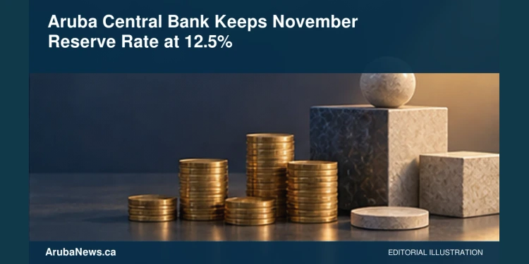 Aruba Central Bank Keeps November Reserve Rate at 12.5% Conceptual editorial illustration of unmarked coins and balancing blocks; not actual bank reserves or official financial documents.