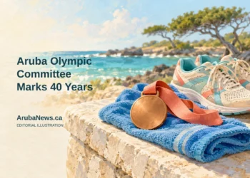 Conceptual editorial illustration of unmarked sporting equipment and a plain medal against a Caribbean coastal backdrop; not an official Olympic design or a photograph of an anniversary event.