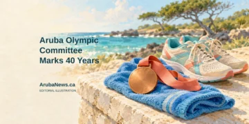 Conceptual editorial illustration of unmarked sporting equipment and a plain medal against a Caribbean coastal backdrop; not an official Olympic design or a photograph of an anniversary event.