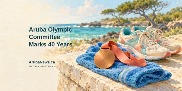 Aruba Olympic Committee Marks 40 Years Conceptual editorial illustration of unmarked sporting equipment and a plain medal against a Caribbean coastal backdrop; not an official Olympic design or a photograph of an anniversary event.