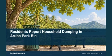 Conceptual editorial illustration of a generic park bin and bench, not the unidentified park or evidence of dumping.