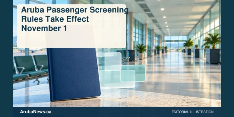 Aruba Passenger Screening Rules Take Effect November 1 Conceptual editorial illustration: Generic empty airport departure corridor with a blank passport-shaped booklet and abstract translucent data squares in foreground, pale teal and white, geometric perspective, no real passport data, logos, text or official insignia. Not a photograph of the actual event, people or location.