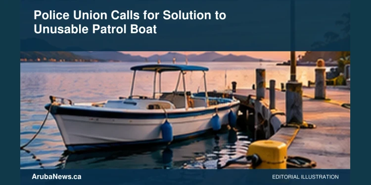 Conceptual editorial illustration: A small generic unmarked utility boat safely moored alongside a quiet maintenance dock, late afternoon light, blue and ochre palette. Not a photograph of the actual people, event or location.